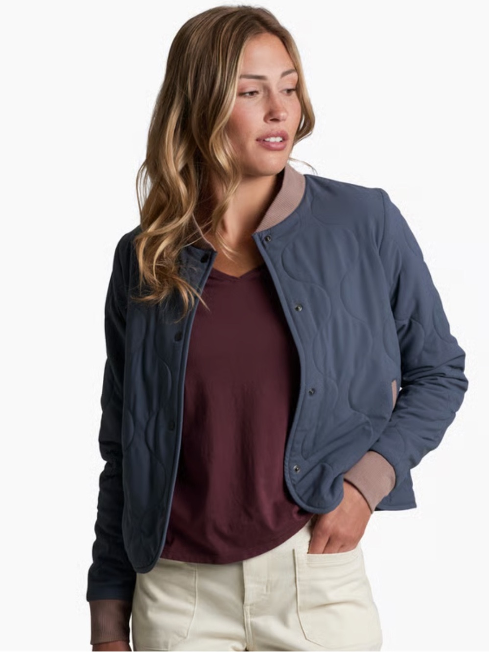 Scout Quilted Puffer Jacket in Slate Blue with Contrast Rib Trim